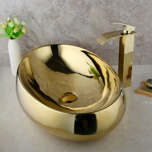 EE. UU. Oro Baño Ovalado Fregadero Cerámica Lavabo Tazón Mezclador Grifo Drenaje Juego - Imagen 1 de 7
