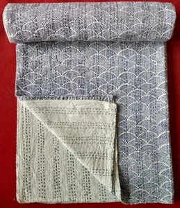 Indian Cotton Hand Block Print Kantha Bedspread Handmade Quilt Throw - Picture 1 of 5