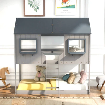 House Bunk Bed with Roof Wood Bed Frames Bedroom Furniture For Kids Teens Adults - Image 1 of 4