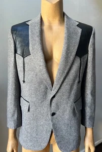 Men’s Western Retro Tweed Rockabilly Wool Leather Vintage Blazer Jacket Coat 44R - Picture 1 of 6