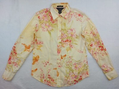 Van Heusen 衬衫上衣女式 XS 小纽扣衬衫长袖花卉黄色 — 第 1/4 张图片