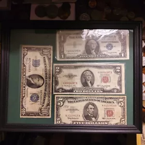 Framed $1 $10 Siver Certificate $2 $5 Red Seal - Picture 1 of 4