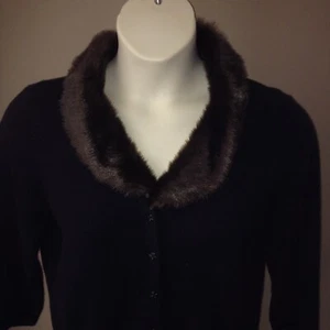 FIRST ISSUE Liz Claiborne CARDIGAN SWEATER L Removable FAUX FUR COLLAR Large - Picture 1 of 3