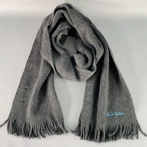 PAUL SMITH Grey Blue Embroidered Wool Knit Fringe Scarf - Picture 1 of 7