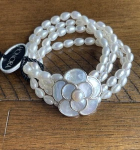 Honora 925 Silver Cultured Pearl MOP Flower Stretch Bracelet - Picture 1 of 9