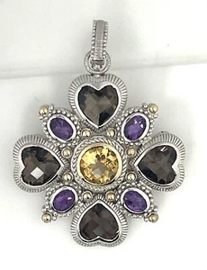 Judith Ripka Sterling 14k Smoky Quartz Citrine Amethyst Pendant Enhancer Brooch - Picture 1 of 4