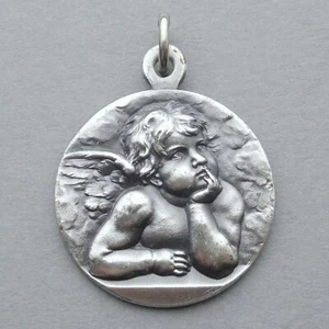 Antico ciondolo religioso grande in argento. Cherubino, putti, bambino. 800, medaglia. - Foto 1 di 4