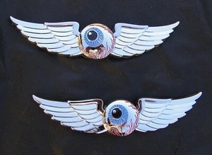 FLYING EYEBALL PAIR BADGES for UK Emblem Winged EYE Classic Movie Rat Fink etc - Picture 1 of 5