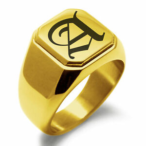 Mens Square Biker Style Signet Ring Stainless Steel Monogram Old English Font A