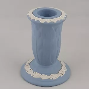 Vintage Wedgwood Blue Jasperware Candlestick Leaf Pattern 8 1/2 cm high England - Picture 1 of 7