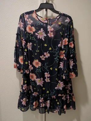 Eliza J Navy Blue Pink Floral Print Ruffled Bell Sleeve Dress Size 12P EUC - Image 1 of 4
