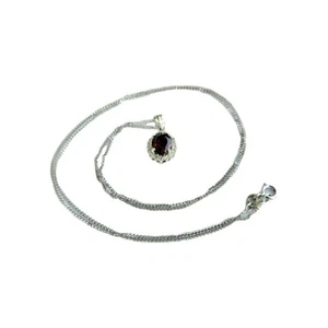14k White Gold Garnet Pendant Spiga Wheat Chain Necklace - 20" - 2.68 Grams - Picture 1 of 16