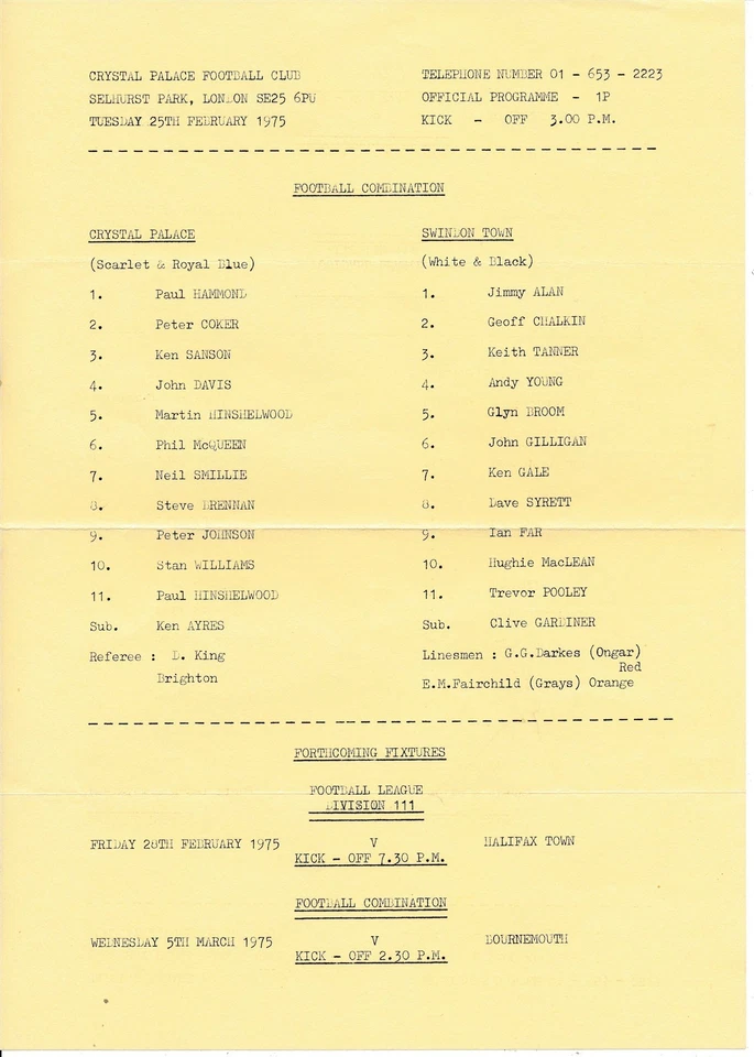 Crystal Palace Reserves v Swindon Town (Combination) 1974/1975 - Image 1 of 1