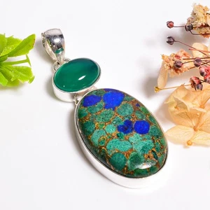 Malachite Azurite Chalcedony Gemstone Handmade 925 Silver Pendant 2.2" GSR-12265 - Picture 1 of 2