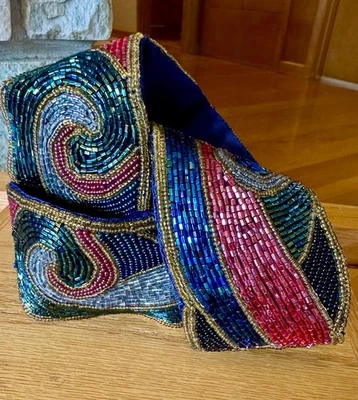 Vintage Wide Belt Beaded Silk Corset Multi-Colored Embellished Bling 1980s - Image 1 of 4