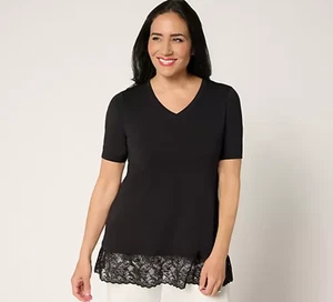 LOGO Layers by Lori Goldstein Elbow Sleeve Lace Hem Top Black XS A698979 - Picture 1 of 7