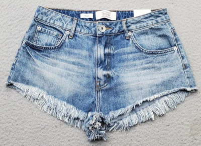 Shorts feminino Band Of Gypsies Riley 26 azul denim elástico bainha crua bigode - Imagem 1 de 4