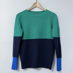 J Crew Sweater Womens Small Green/Navy Colorblock 100% Cashmere Waffle-Knit - Picture 1 of 10