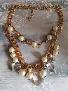 Vintage cluster necklace 2 strand swag faux pearl faceted crystal gold chain - Picture 1 of 5