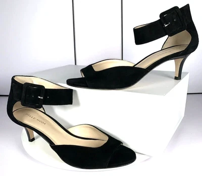 Pelle Moda Mujer Berlín Gamuza Negro Gatito Tacón Tobillo Correa Hebilla Punta abierta, 8.5 Foto 1 de 4