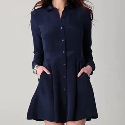 Theory 100% Silk Pleated Mini Shirt Dress in Navy Blue size 8 - Image 1 of 4