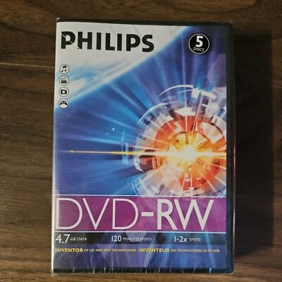 Philips DVD-RW 5 Discs New Sealed 4.7GB Data 120 Minutes Video 1-2x Speed - Image 1 of 4