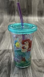 Disney Store Little Mermaid Glitter Water Tumbler Cup w/Straw Ariel Flounder 8oz