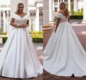 Plus Size Satin Wedding Dresses Off The Shoulder Sleeveless Lace Up Bridal Gown - Picture 1 of 9