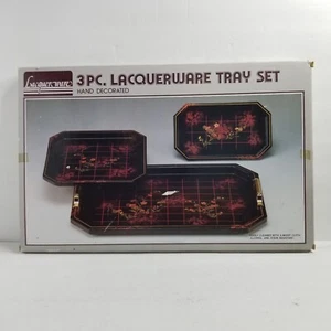 Vintage 3 Stück Lackgeschirr Tablett Set Blumengitter Japan. Vertrieben von CLORWOOD. - Bild 1 von 12