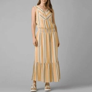Nuevo con etiquetas Maxi Vestido Prana California Dreaming Volantes Rayas en Hora Dorada Talla Mediana - Imagen 1 de 8