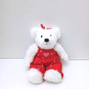 Hallmark White Stuffed Valentine Teddy Bear Red Bow and Overalls With Hearts 9" - Picture 1 of 4