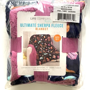 Life Comfort Kids Ultimate Sherpa Fleece Blanket Woodland Animals Purple Navy - Picture 1 of 5