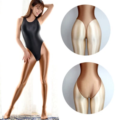 Damen Sexy Oil Glitter Bademode Hohe Taille Ärmellos Tank Tops Bodysuit Leotards - Bild 1 von 4