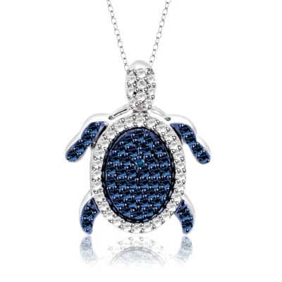 Collar colgante redondo de tortuga de diamantes naturales azules y blancos en plata de ley Foto 1 de 4