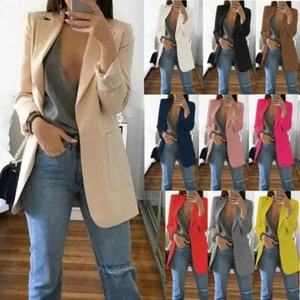 Longline Blazer Women Suit Slim Ladie Coat Formal Jacket Slim Plus Size S-5XL - Picture 1 of 41