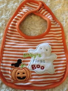 CHILD OF MINE BABY'S FIRST BOO Orange White Stripe HALLOWEEN Pumpkin Ghost Bib - Picture 1 of 6