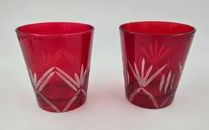 2 Vintage Bohemian Crystal Ruby Red Cut To Clear  Flash Glass Tumbler Elegant - Picture 1 of 4