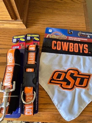 Set of 3- Oklahoma State Collegiate Dog Collar, Leash and Bandana - Size L - Image 1 of 4