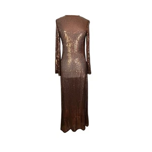 Vintage Handarbeit Kupfer Braun Pailletten Transparent Glockenärmel Langes Maxikleid GoGo Boho - Bild 1 von 7