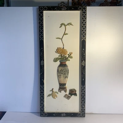 复古中国花卉花瓶面板雕像雕刻木 25 英寸 x 13 英寸来自澳门破旧  — 第 1/4 张图片