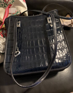 Brighton Black Croc Style Leather Medium Blue Gingham Interior, shoulder bag