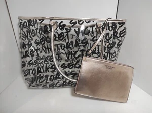 Victoria's Secret Graffiti Logo Clear Tote Bag Rose Gold Trim w/ Wallet - Picture 1 of 3