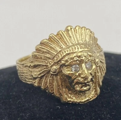 Anillo Jefe Nativo Americano Ojos Diamantes Naturales Oro Sólido 10k 7,7 gramos Talla 10,5 Foto 1 de 4
