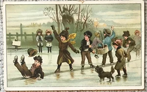 ANTIQUE VICTORIAN TRADE CARD FINNEGAN & CO., MERIDEN, CT CLOTHING ICE-SKATERS - Picture 1 of 2