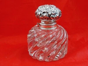 GEORGE SHIEBLER REPOUSSE STERLING SILVER BACCARAT CRYSTAL INKWELL INKSTAND 19C - Picture 1 of 12