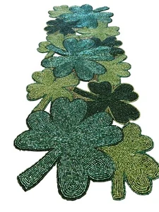 Handmade Beaded Shamrock Table Runner Greens & Gold St Patricks Day Vintage - Picture 1 of 11