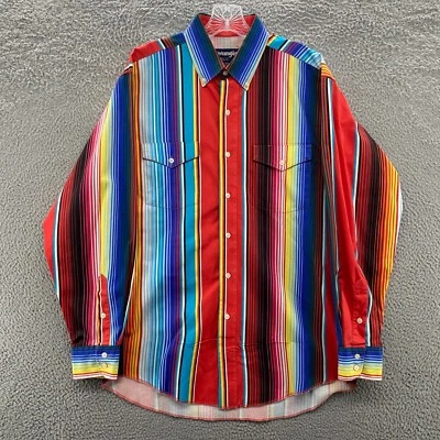 Vintage Wrangler Shirt Men 16 Red Blue Striped X Long Tails Western Brushpopper - Image 1 of 4