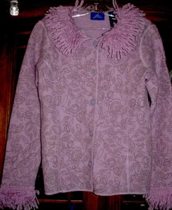 Lavender ladies shabby chic sweater wool blend medium M fringe cardigan boho EUC - Picture 1 of 5