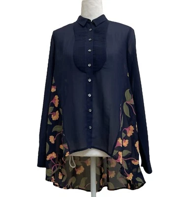 Blusa túnica Maeve Ira azul y floral pintuck transparente alto bajo botón delantero talla 0 Foto 1 de 4