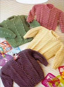 BABIES~CARDIGAN~V-NECK/ROUN~SWEATER~CABLE ARAN KNITTING PATTERN~SIZE 20-26"(U81) - Picture 1 of 2
